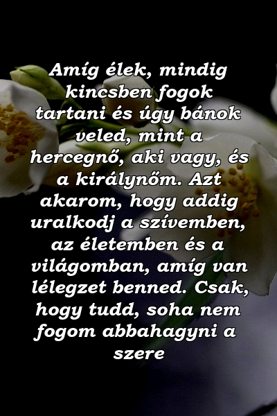 Amíg élek, mindig kincsben fogok tartani és úgy bánok veled, mint a hercegnő, aki vagy, és a királynőm. Azt akarom, hogy addig uralkodj a szívemben, az életemben és a világomban, amíg van lélegzet benned. Csak, hogy tudd, soha nem fogom abbahagyni a szere