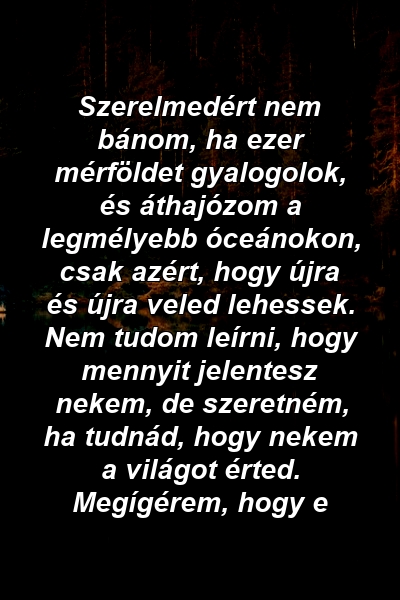 Szerelmedért nem bánom, ha ezer mérföldet gyalogolok, és áthajózom a legmélyebb óceánokon, csak azért, hogy újra és újra veled lehessek. Nem tudom leírni, hogy mennyit jelentesz nekem, de szeretném, ha tudnád, hogy nekem a világot érted. Megígérem, hogy e