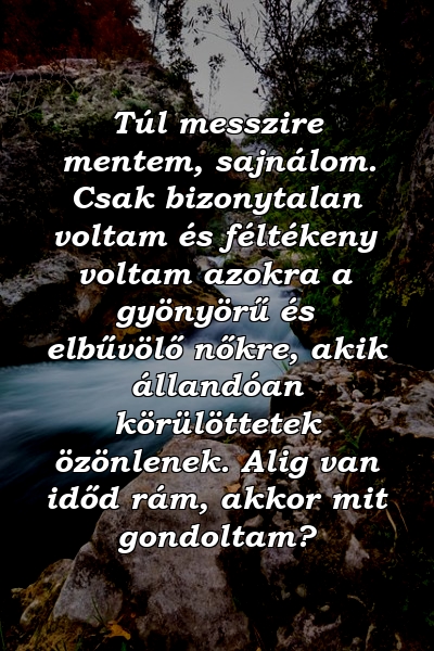 Túl messzire mentem, sajnálom. Csak bizonytalan voltam és féltékeny voltam azokra a gyönyörű és elbűvölő nőkre, akik állandóan körülöttetek özönlenek. Alig van időd rám, akkor mit gondoltam?