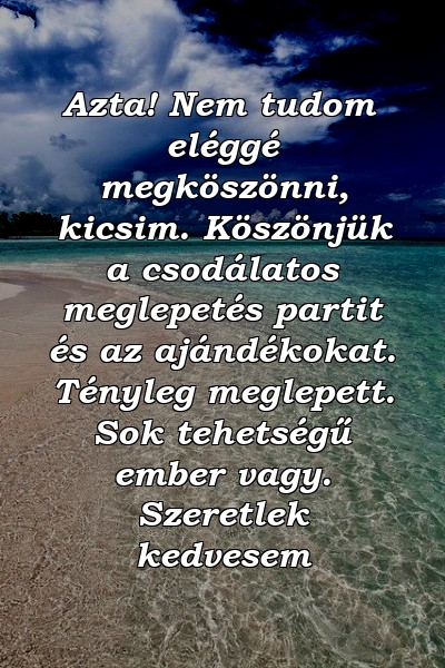 Azta! Nem tudom eléggé megköszönni, kicsim. Köszönjük a csodálatos meglepetés partit és az ajándékokat. Tényleg meglepett. Sok tehetségű ember vagy. Szeretlek kedvesem