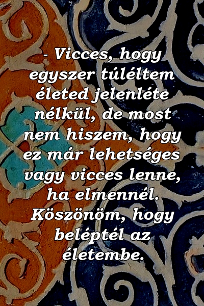 - Vicces, hogy egyszer túléltem életed jelenléte nélkül, de most nem hiszem, hogy ez már lehetséges vagy vicces lenne, ha elmennél. Köszönöm, hogy beléptél az életembe.