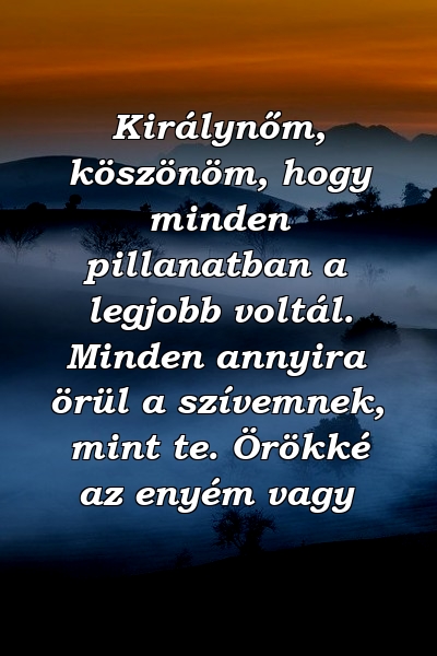 Királynőm, köszönöm, hogy minden pillanatban a legjobb voltál. Minden annyira örül a szívemnek, mint te. Örökké az enyém vagy