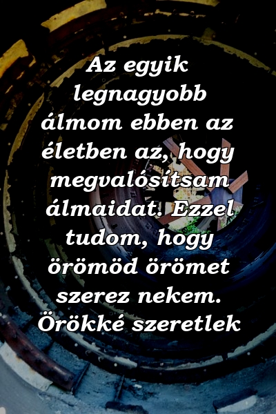 Az egyik legnagyobb álmom ebben az életben az, hogy megvalósítsam álmaidat. Ezzel tudom, hogy örömöd örömet szerez nekem. Örökké szeretlek