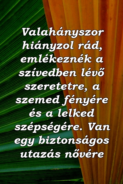 Valahányszor hiányzol rád, emlékeznék a szívedben lévő szeretetre, a szemed fényére és a lelked szépségére. Van egy biztonságos utazás nővére