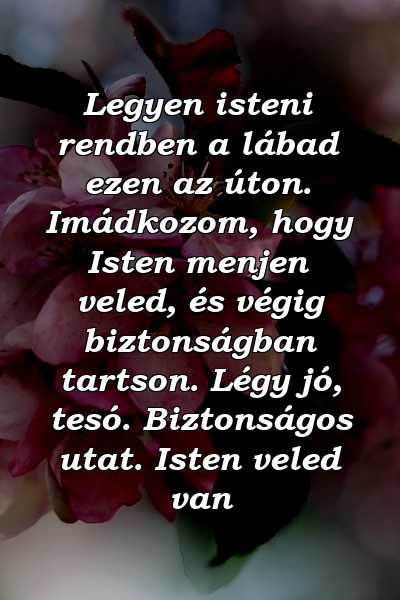 Legyen isteni rendben a lábad ezen az úton. Imádkozom, hogy Isten menjen veled, és végig biztonságban tartson. Légy jó, tesó. Biztonságos utat. Isten veled van