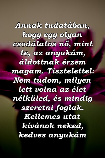 Annak tudatában, hogy egy olyan csodálatos nő, mint te, az anyukám, áldottnak érzem magam. Tisztelettel: Nem tudom, milyen lett volna az élet nélküled, és mindig szeretni foglak. Kellemes utat kívánok neked, kedves anyukám