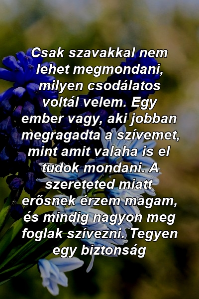 Csak szavakkal nem lehet megmondani, milyen csodálatos voltál velem. Egy ember vagy, aki jobban megragadta a szívemet, mint amit valaha is el tudok mondani. A szereteted miatt erősnek érzem magam, és mindig nagyon meg foglak szívezni. Tegyen egy biztonság