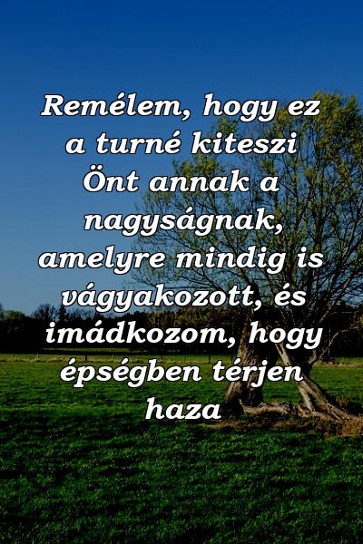 Remélem, hogy ez a turné kiteszi Önt annak a nagyságnak, amelyre mindig is vágyakozott, és imádkozom, hogy épségben térjen haza