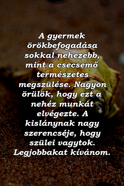 A gyermek örökbefogadása sokkal nehezebb, mint a csecsemő természetes megszülése. Nagyon örülök, hogy ezt a nehéz munkát elvégezte. A kislánynak nagy szerencséje, hogy szülei vagytok. Legjobbakat kívánom.