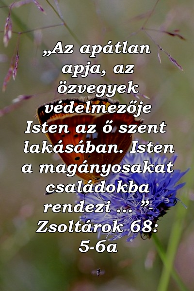 „Az apátlan apja, az özvegyek védelmezője Isten az ő szent lakásában. Isten a magányosakat családokba rendezi ... ”- Zsoltárok 68: 5-6a