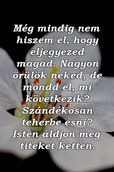 Még mindig nem hiszem el, hogy eljegyezed magad. Nagyon örülök neked, de mondd el, mi következik? Szándékosan teherbe esni? Isten áldjon meg titeket ketten.