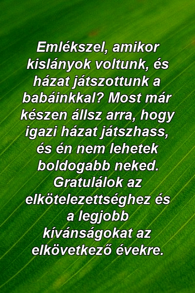 Emlékszel, amikor kislányok voltunk, és házat játszottunk a babáinkkal? Most már készen állsz arra, hogy igazi házat játszhass, és én nem lehetek boldogabb neked. Gratulálok az elkötelezettséghez és a legjobb kívánságokat az elkövetkező évekre.