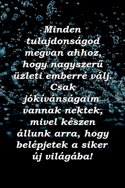 Minden tulajdonságod megvan ahhoz, hogy nagyszerű üzleti emberré válj. Csak jókívánságaim vannak nektek, mivel készen állunk arra, hogy belépjetek a siker új világába!