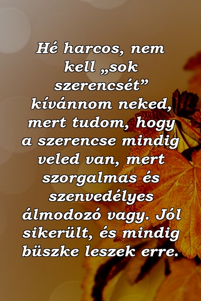 Hé harcos, nem kell „sok szerencsét” kívánnom neked, mert tudom, hogy a szerencse mindig veled van, mert szorgalmas és szenvedélyes álmodozó vagy. Jól sikerült, és mindig büszke leszek erre.