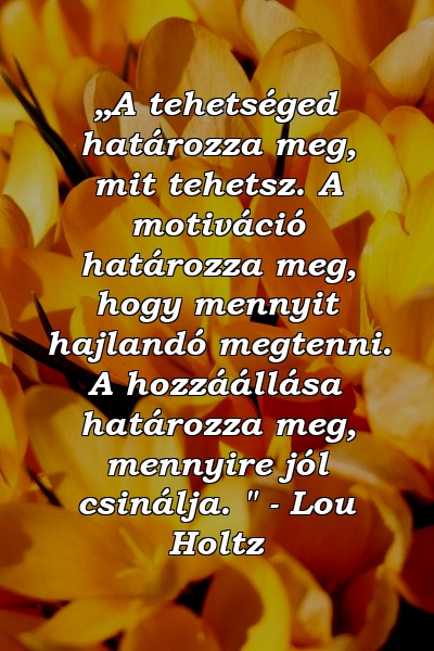 „A tehetséged határozza meg, mit tehetsz. A motiváció határozza meg, hogy mennyit hajlandó megtenni. A hozzáállása határozza meg, mennyire jól csinálja. " - Lou Holtz