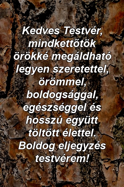 Kedves Testvér, mindkettőtök örökké megáldható legyen szeretettel, örömmel, boldogsággal, egészséggel és hosszú együtt töltött élettel. Boldog eljegyzés testvérem!