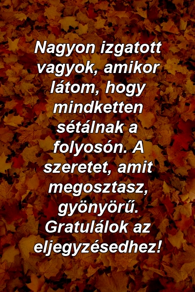 Nagyon izgatott vagyok, amikor látom, hogy mindketten sétálnak a folyosón. A szeretet, amit megosztasz, gyönyörű. Gratulálok az eljegyzésedhez!