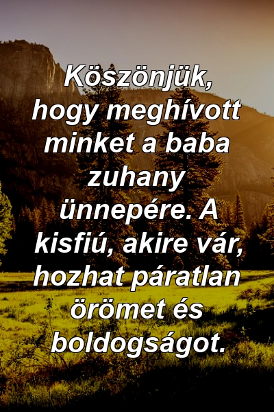 Köszönjük, hogy meghívott minket a baba zuhany ünnepére. A kisfiú, akire vár, hozhat páratlan örömet és boldogságot.